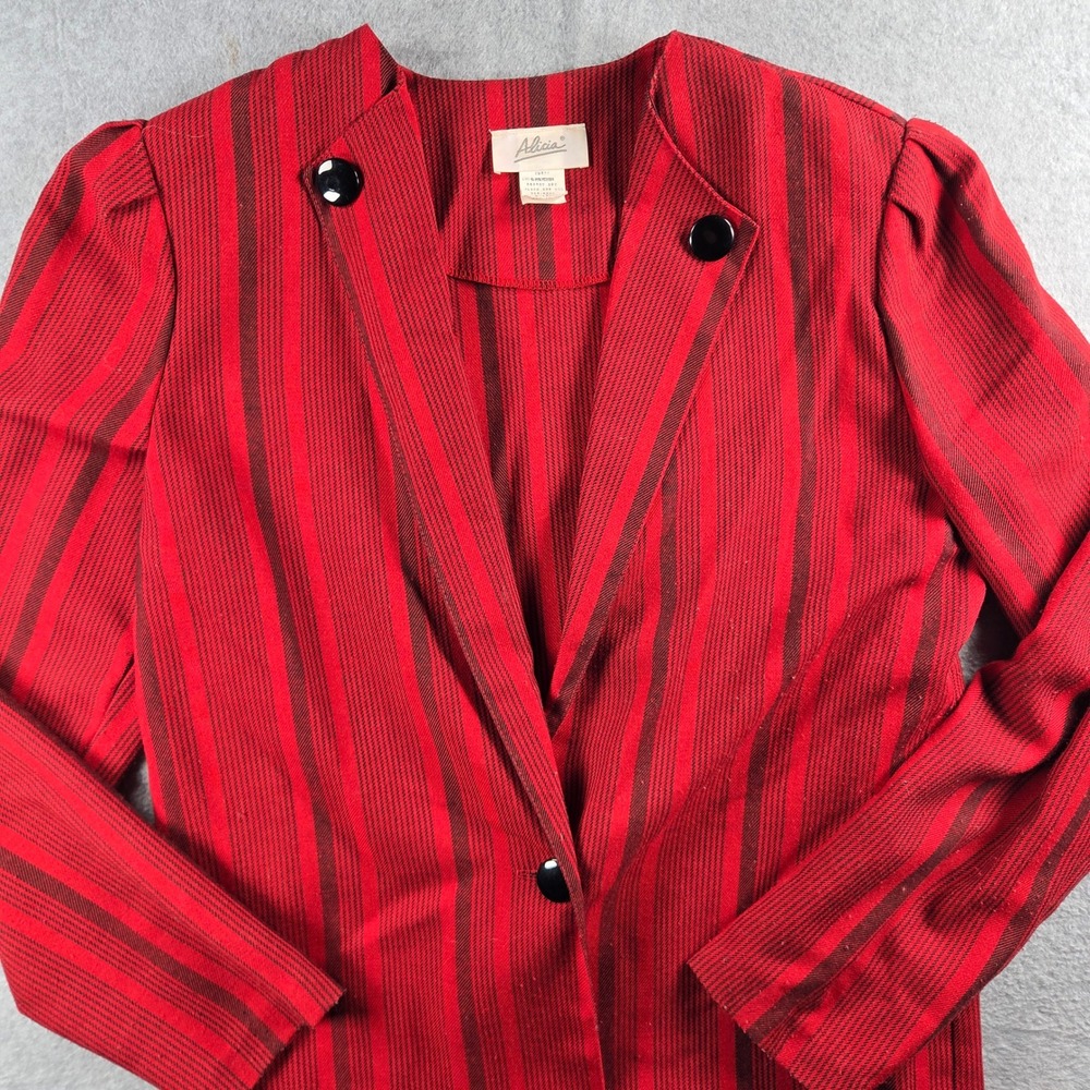 Alicia Blazer Women 12T Red Black Striped Vintage 80s Collarless Made in USA
